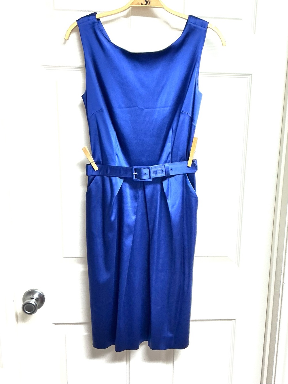 ANTONIO MELANI Sz 4 Royal Blue Silky Knee Length Belted Work Office Pencil Dress